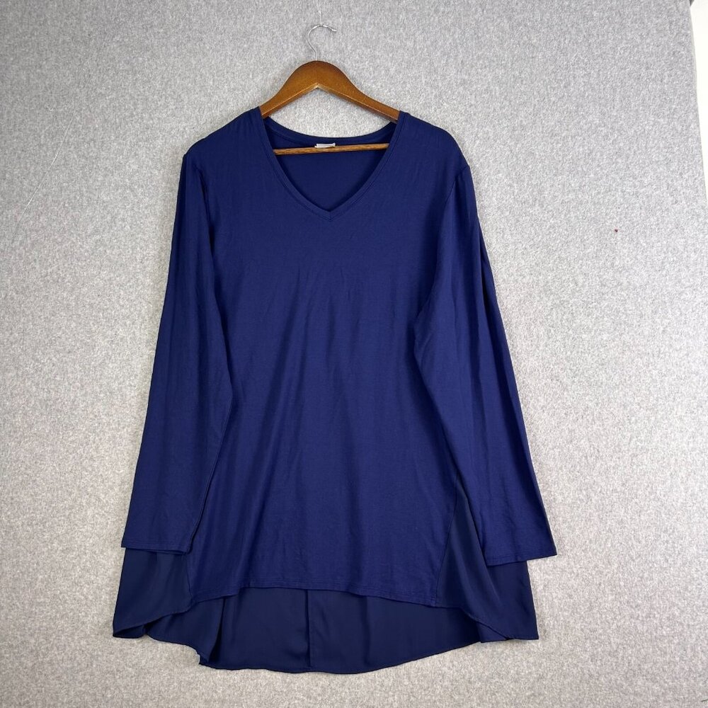 Chico's Shirt Women's 3 Navy Blue Hi Low Top Stretch Long Sleeve Comfy Casual